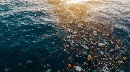 Beach full of garbage and plastic waste. Ocean pollution, environmental catastrophe.の素材