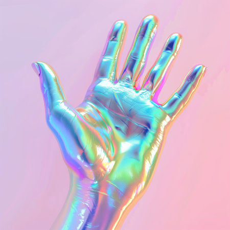 Futuristic holographic hand abstract graphic design concept. Chrome hand in style holographic liquid. Glossy pastel iridescent on pink background.の素材