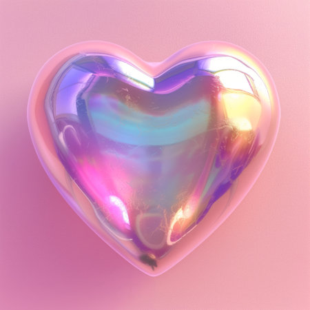 Chrome heart in style holographic liquid. Glossy pastel iridescent heart on pink background. Valentine's Day cardの素材