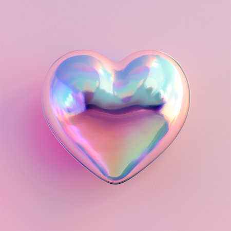 Chrome heart in style holographic liquid. Glossy pastel iridescent heart on pink background. Valentine's Day cardの素材