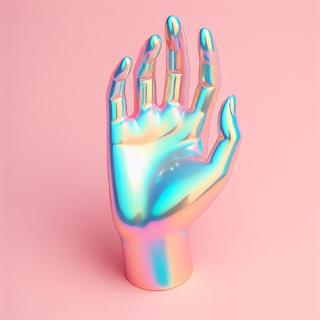 Futuristic holographic hand abstract graphic design concept. Chrome hand in style holographic liquid. Glossy pastel iridescent on pink background.の素材