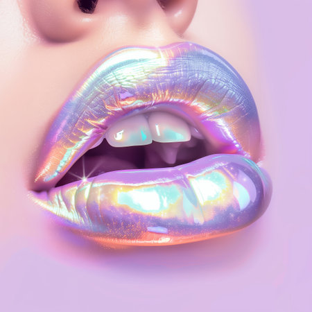 Futuristic holographic lips abstract graphic design concept. Chrome lips in style holographic liquid. Glossy pastel iridescent on pink background.の素材