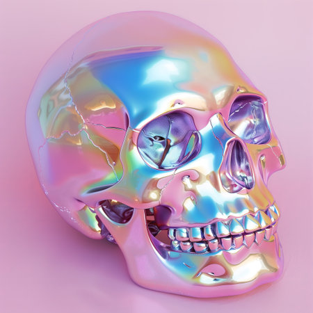 Futuristic holographic skull abstract graphic design concept. Chrome human skull for in style holographic liquid. Glossy pastel iridescent on pink background.の素材