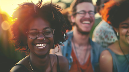 Diverse group of happy people bonding togethe. Cheerful glad optimistic crowd of different human have smileの素材