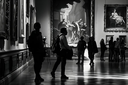 Group of people at exhibition in a museum, back view. Black and white illustrationの素材