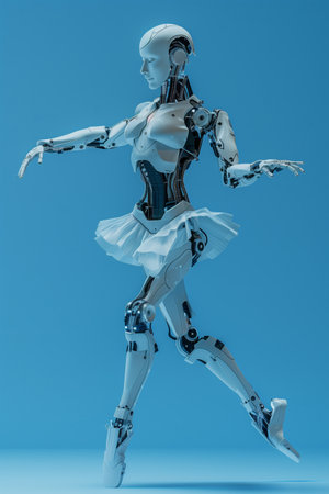 Robot ballerina on blue background. Woman robot dancing ballet. Futuristic science fiction element.の素材