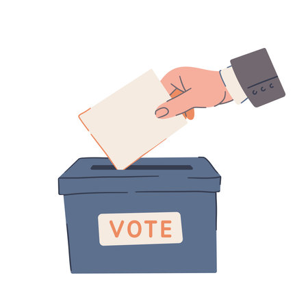 Hand Putting Paper in Ballot Box. Voting Concept Isolated on White Background. Flat Vector Illustration of Election and Democracy.のイラスト素材