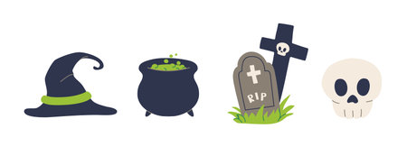 Halloween Essentials Vector Set Witch Hat, Bubbling Cauldron, Tombstone, and Skull. Perfect for Spooky Graphics, Party Decor, Invitations, and Creative Halloween Projectsのイラスト素材