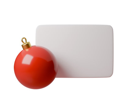 Christmas label, background with red Christmas tree ball. 3d render, Blank banner. Ideal for holiday cards, designs, Christmas decorations and advertisementsの写真素材