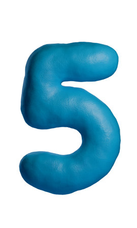 3D blue number five with realistic clay texture, mimicking handcrafted plasticine design. Digit 5 Isolated on white background, ideal for creative projects, advertising, education, and playful designsの写真素材