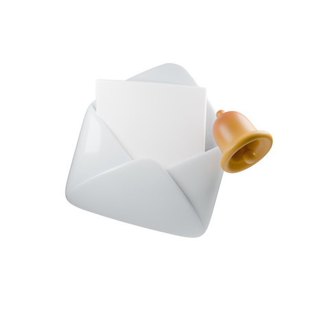 3d modern, minimalist illustration of a white open envelope and yellow bell, symbolizing communication and alertness in a clean, playful designの写真素材