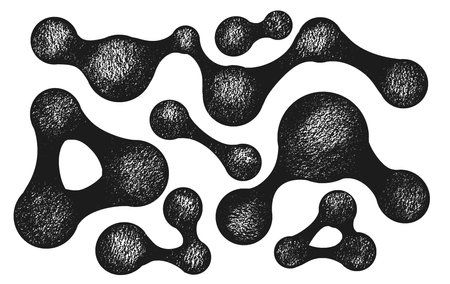 Black abstract liquid metaball shapes drawn by a crayon. Organic decorative sphere geometric form with pencil texture. Morphing ball drop or molecule. Vector illustration.のイラスト素材