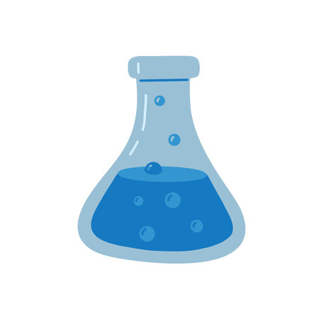 AI-generated vector illustration of a chemistry flask filled with blue liquid, perfect for science education, lab research, and experimentation themes. Ideal for STEM projects.のイラスト素材