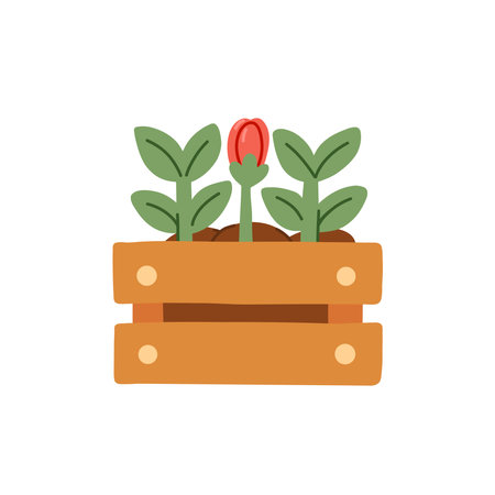 A Beautiful, Colorful Wooden Planter with Vibrant, Growing Flowers and Lush Green Leaves Vector illustrationのイラスト素材