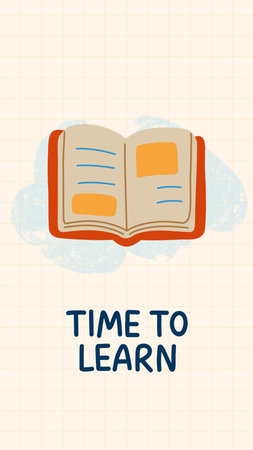 Vector illustration with open book and hand lettering Time to Learn. Ideal for educational materials, school promotions, posters, reading themes, stationery, and classroom designのイラスト素材