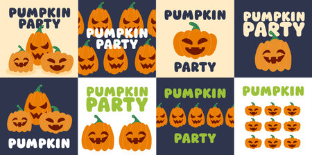 Vector Halloween illustration set with funny and spooky pumpkin faces and Pumpkin Party lettering. Cartoon style design perfect for greeting cards, party invitations, and seasonal decor.のイラスト素材