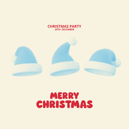 Minimal Christmas poster with blue halftone Santa hats and red typography. Clean vector layout for holiday cards, festive invitations, and seasonal party promotions.のイラスト素材