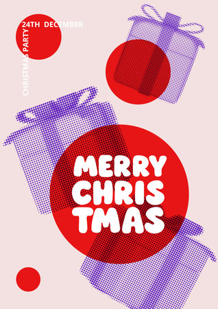 Bright Christmas poster with halftone gifts and bold red typography. Modern vector design for holiday invitations, party promos, and seasonal marketing visuals.のイラスト素材