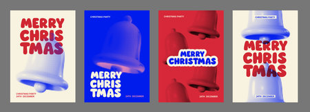 Vibrant Christmas posters with halftone bells and bold typography in red and blue color variations. Perfect for festive cards, seasonal party invitations, and retro holiday marketing.のイラスト素材