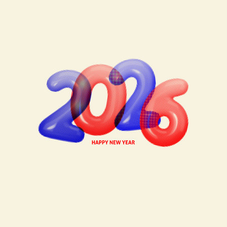 Bold New Year 2026 poster with overlapping inflated numbers in halftone style. Glossy red and blue...