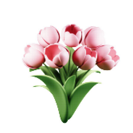 Vector bouquet of pink tulips with green leaves and halftone texture. Elegant spring floral design symbolizing beauty, romance, and nature. Isolated on white background.のイラスト素材
