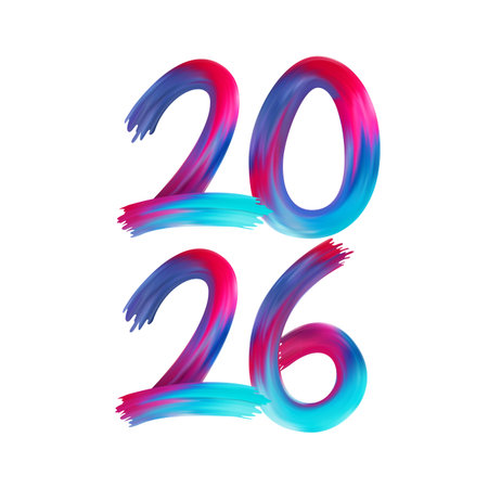 Vertical 2026 typography with colorful brush strokes. Festive New Year lettering design for greeting...
