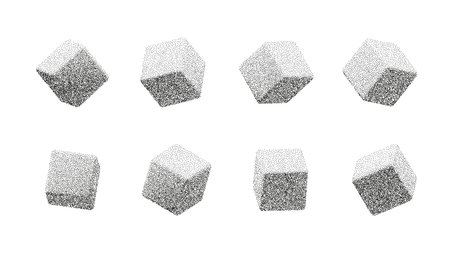 Abstract cubes with photocopy grain texture. Vintage halftone stipple effect in 3D geometric shapes....