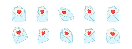 Envelope vector illustration with love letter and heart. Cute envelope set shown in different angles and views, perfect for valentine, wedding, greeting, romantic card and creative designのイラスト素材