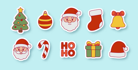Christmas sticker set with Santa Claus, tree, gifts and ornaments. Cute cartoon holiday icons with white outline, shadow and halftone retro effect for festive decoration and designのイラスト素材