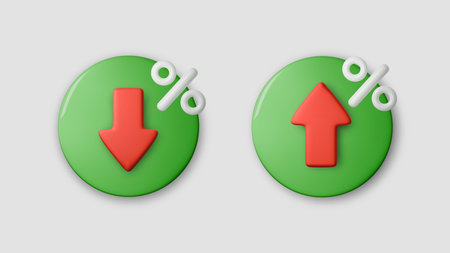 3D low price icons with red up and down arrows showing rate drop and market decline. Abstract...