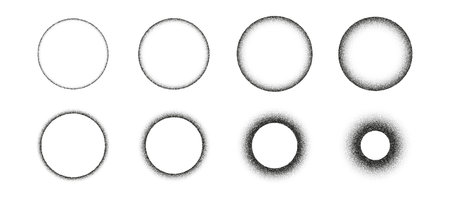 Set of circular stipple shapes, gradient dots, and noise texture. Geometric halftone pattern with...