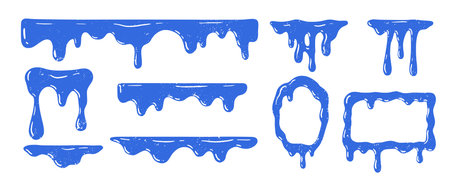 Set of blue dripping frames with liquid paint shapes. Melted borders, splash elements and fluid doodle outlines for creative design, stickers, bold graphic accents and abstract decorative compositionsのイラスト素材