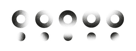Set of grainy stipple circle shapes with halftone texture. Abstract round elements for retro design, gradients, noise effects, backgrounds, and minimal graphic compositionsのイラスト素材