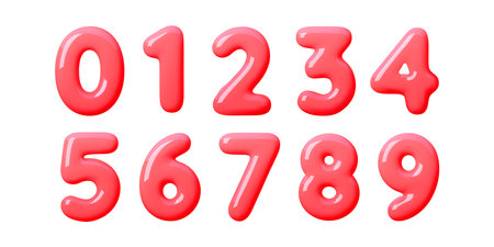 Playful glossy 3d red number set in bright balloon style. Soft inflated digits with shiny candy texture. Clean red shapes and smooth 3d number forms fit kids, party themes and fun modern designのイラスト素材