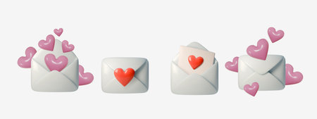 3D mail icon set with love themed envelopes, heart decorations, and romantic greeting cards. Perfect...