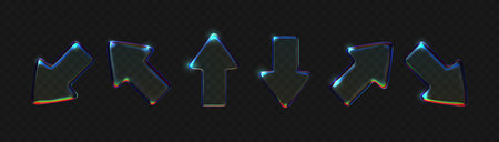 Holographic 3D glass arrow with iridescent gradient effect, transparent crystal shape floating on dark background, modern tech icon with neon blue dispersion lightのイラスト素材