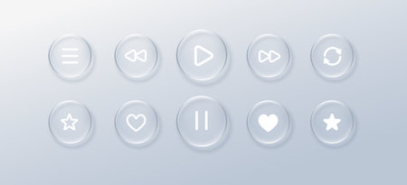 Glass play liquid with button glassmorphism bubble for player effect music. Icon ui tech with glass text star for label hud morphism. Glossy card glass with transparent button sound.のイラスト素材