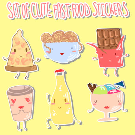 Vector set of emoji stickers with cute fast food. Tasty food patches and icons.のイラスト素材