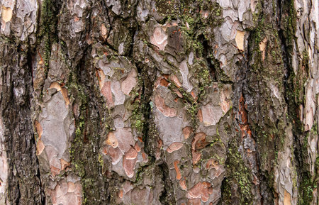 Close Up of embossed texture of the brown bark of a tree with green moss on it. old tree. close up of bark macro photography. backgroundの写真素材