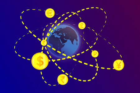 Illustration for currency exchange. Symbols of money, currencies of different countries of the world are located on arrows around the Earth. For financial company, bank, exchange office. Vectorのイラスト素材