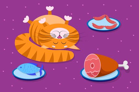Food for cats, pets. A cute red cartoon cat with a funny muzzle, face lies on its back with its eyes closed, next to different foods. Dishes with ham, sausages and fish. For animal store, food. Vectorのイラスト素材