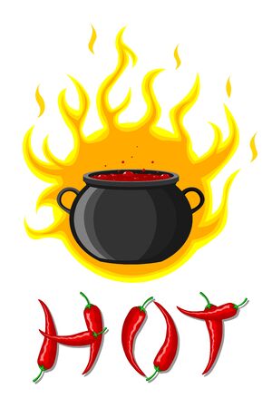 Illustration with hot red spicy mexican peppers on the background of a cauldron with hot simmering Mexican dish and fire. Vector isolated for cooking, websites, blogs, advertisingのイラスト素材