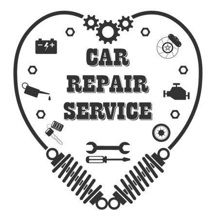 Car repair service, diagnostics and tire fitting- stylish retro  in the form of a mechanical heart with inscription and set of icons tools, instruments for repair car. Vector isolated on whiteのイラスト素材
