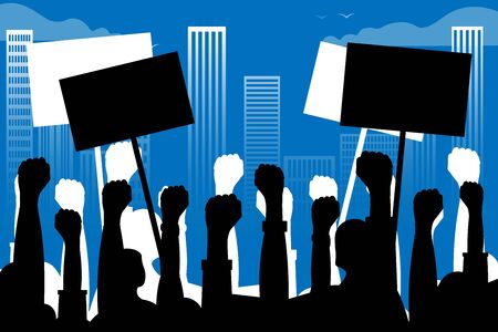 Public protests. Silhouettes of hands with posters on the background of the city landscape, skyscrapers. Black silhouettes of raised fists, protesters, indignation. Vector. News illustration, infoのイラスト素材