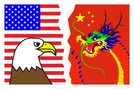 Political and economic confrontation, struggle, rivalry between the US and China. Eagle on the background of the American flag against the Dragon on the background of the Chinese flag. Vectorのイラスト素材