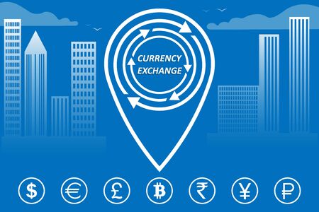 Geolocation symbol  for currency exchange. Symbols of money, currencies of different countries of the world are located with arrows on the background of the city, skyscrapers and geolocation. Vectorのイラスト素材