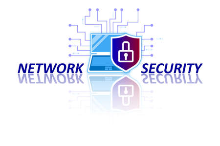 Network cyber security, data protection, electronic payments, transactions and transfer worldwide. Laptop with shield and lock on a digital white background with mirror reflection. Vectorのイラスト素材
