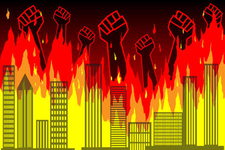 Public protests. Silhouettes of raised fists protesting against the backdrop of a burning city, skyscrapers. Wall of fire, burning buildings, city. Vector news illustration, info, article, publicationのイラスト素材