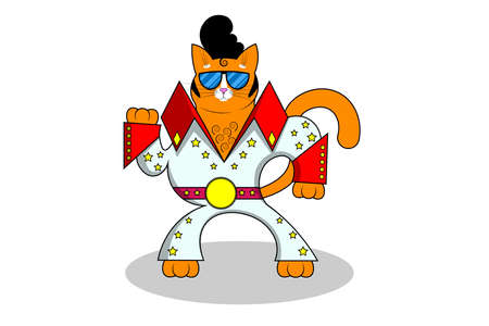 A cute fat cartoon red cat, kitty stands in the form of presley in suit and glasses, with stylish retro hairstyle. Cat with long mustache, sharp ears and long tails. For animal store, pet shop. Vectorのイラスト素材