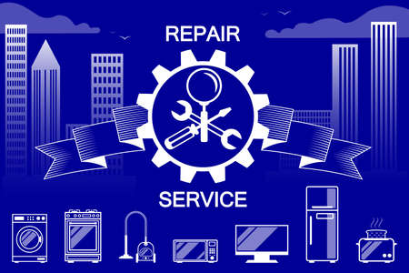 Repair, maintenance of household appliances - a symbol, sign in the form crossed screwdriver, wrench and magnifier with ribbon and gears. Against the background of the city, skyscrapers. For serviceのイラスト素材